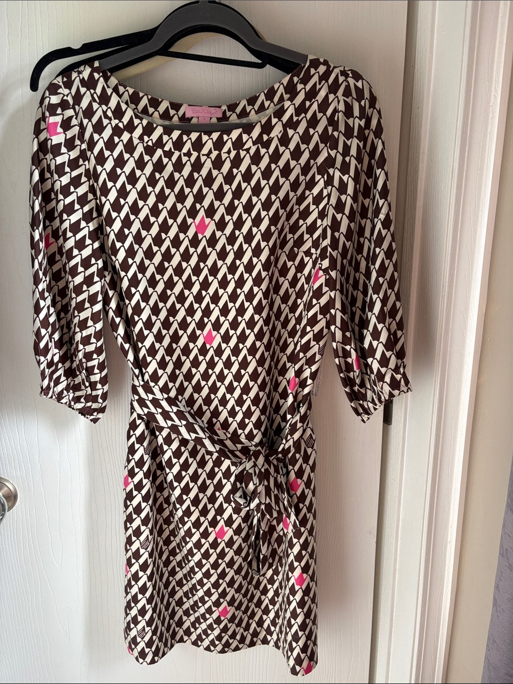 Lilly Pulitzer Brown and White Geometric Midi Dress with Pink Accents
